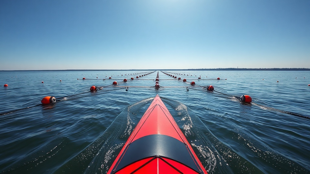 스프린트 카누 경기장의 여러 레인이 부표로 구분되어 있는 직선 수로와 출발선 영역을 보여주는 이미지